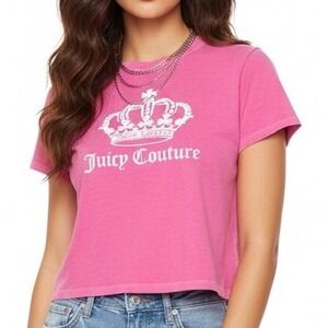 Juicy Couture Forever 21 Hot Pink Baby Crop T-shirt Large 90s Y2K Retro Graphic‎